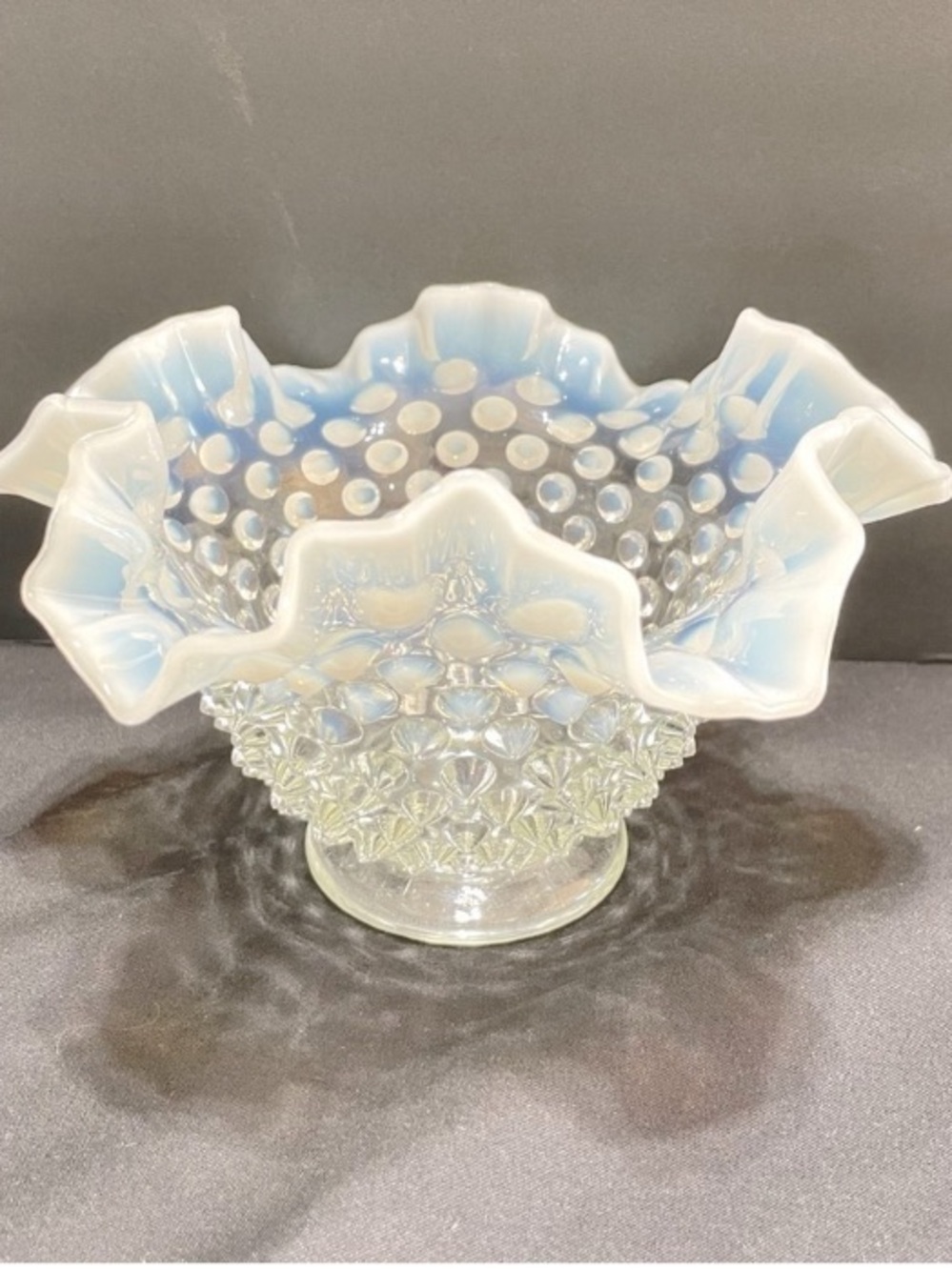 Opalescent Hobnail Glass Ruffled Bowl - White and Light Blue